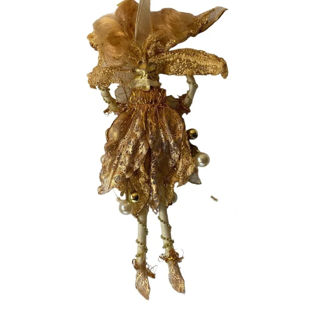 Golden Christmas angel fairy mini‎ doll ornament pearl skirt gilded wings tinsel